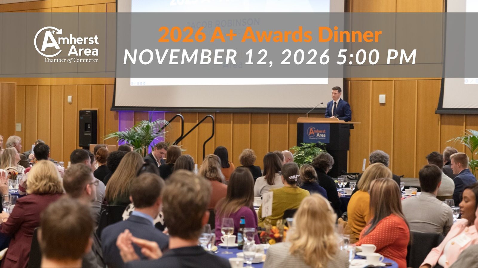 2026 A+ Awards Dinner, November 12, 2026, 5:00 PM, over a photograph of a dinner audience